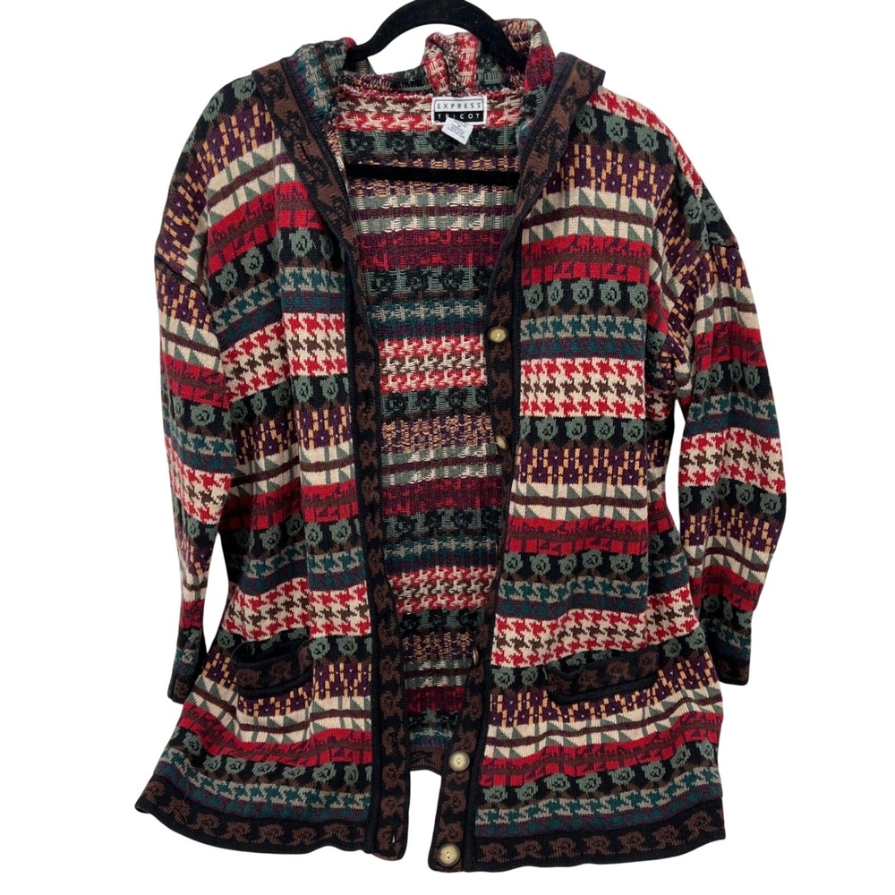 Express Tricot Vintage Geometric Hooded Cardigan Sweater Cabincore Cozycore